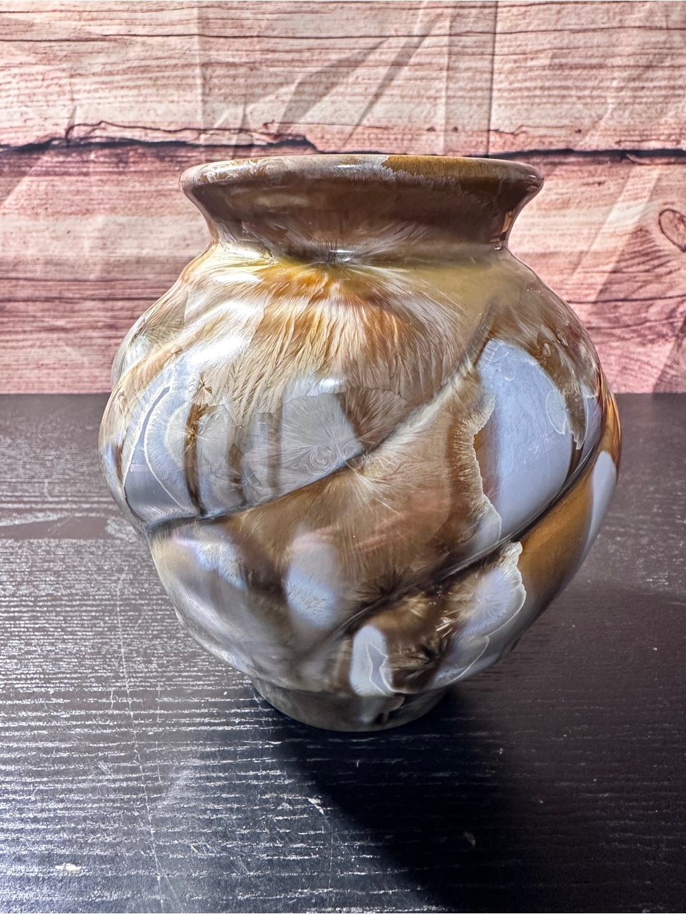 Signed Bill Campbell Flambeau pottery vase brown and blue crystalline glaze 2017